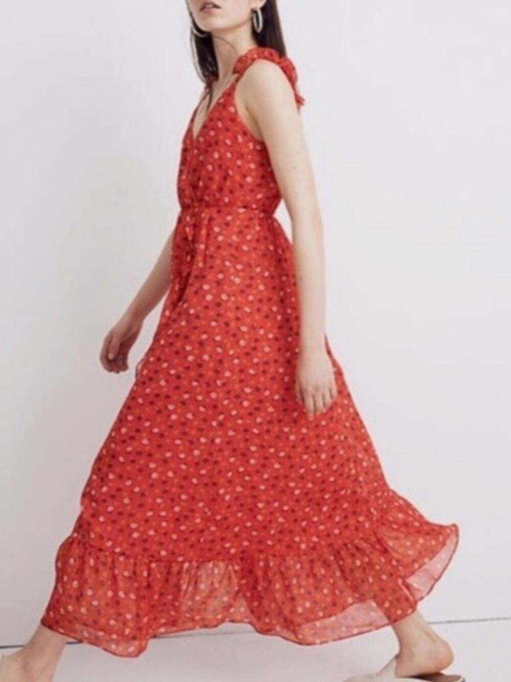 Madewell Red Floral Tie-Waist Maxi Dress